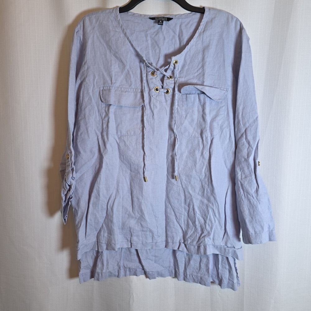 Company Ellen Tracy Shirt Womens XL Blue Linen Lace Up Roll Tab Tunic Top